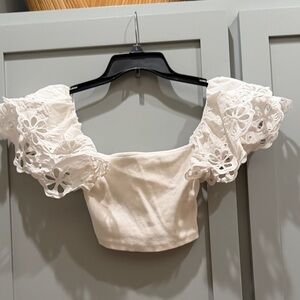 Zara White Lace Puff Sleeve Crop Top